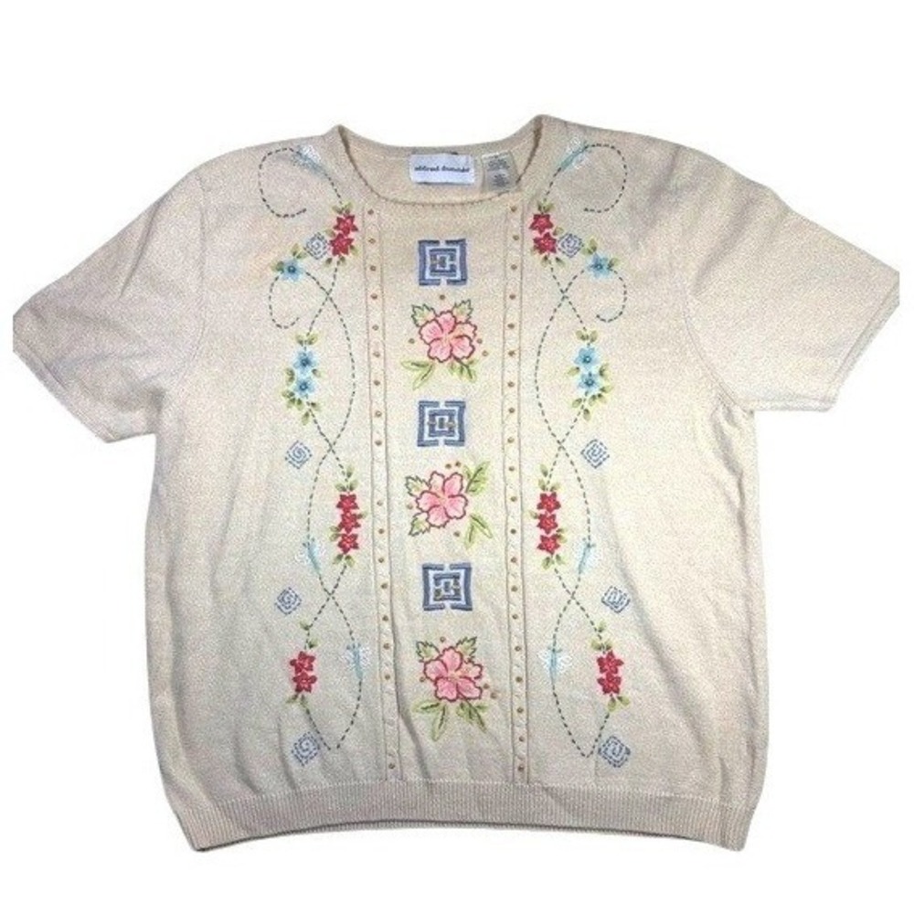 Alfred Dunner Short Sleeve Grandma Women's Beige Floral Knit Top Size M